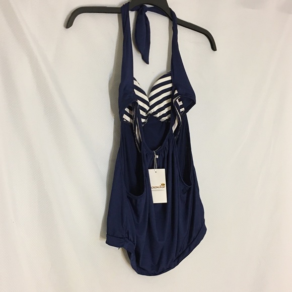MokingTop Nautical Navy blue stripes Halter Top L - Picture 9 of 13